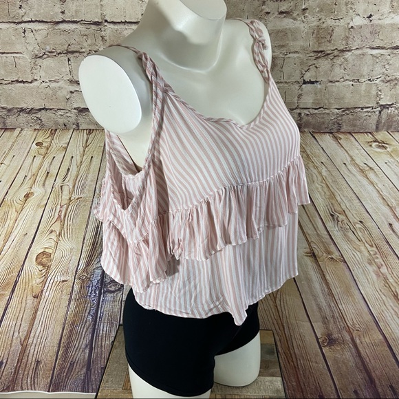 American eagle outfitters pink white striped cold shoulder top size small - Picture 2 of 9
